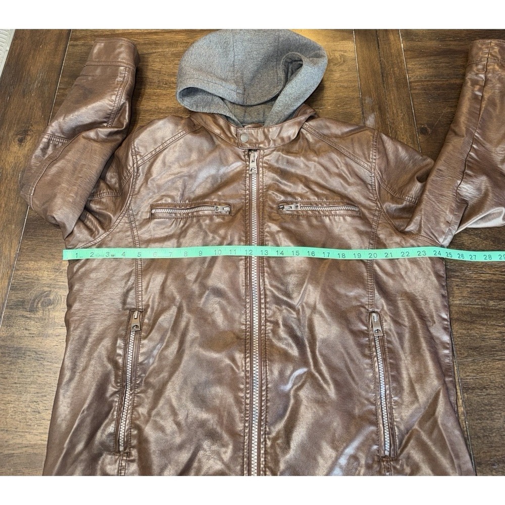Guess Faux Leather Hooded Moto Jacket Removable Hood Brown Gray Men's XL Zip - Picture 9 of 11
